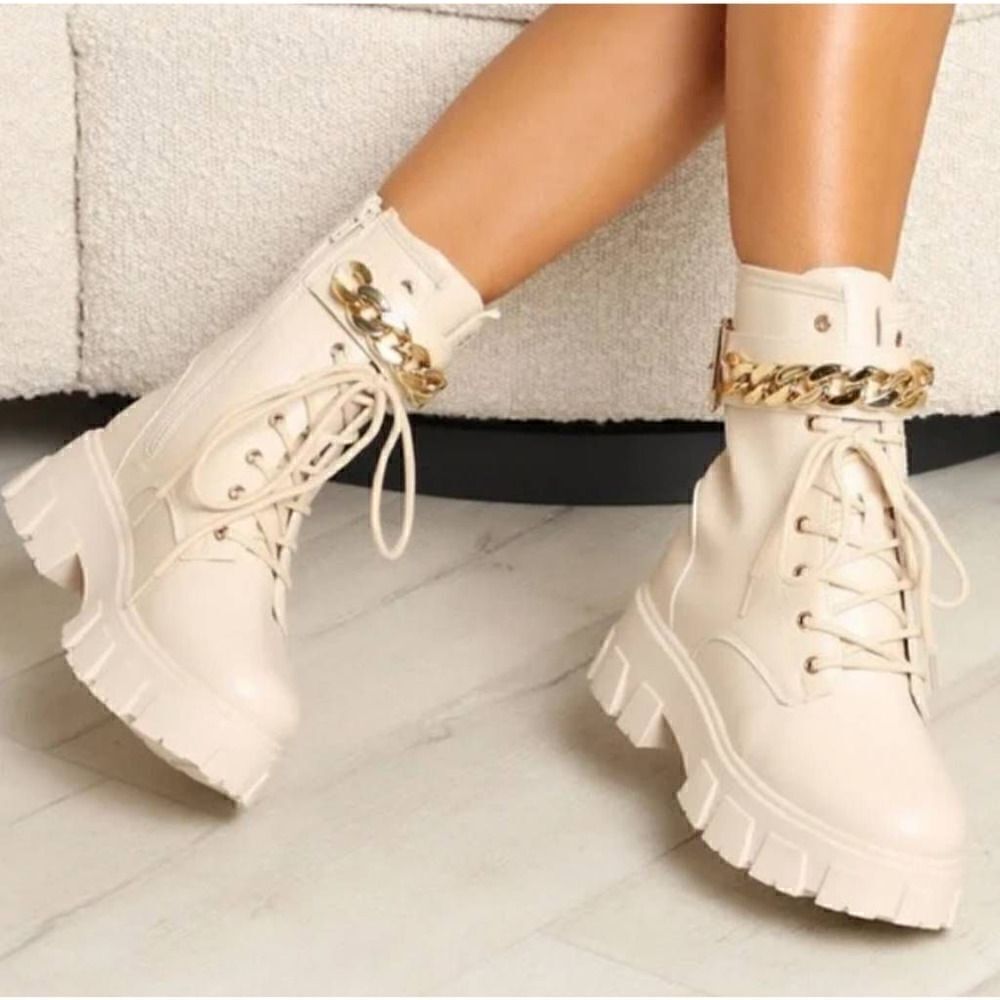 Olivia Miller Womens Ava Combat Boots Beige Vegan Straps Chain Ankle Zip 9 New - Picture 1 of 9